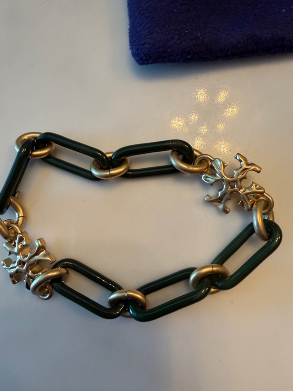 Tory Burch Dark Green Link Bracelet with Floral Charms